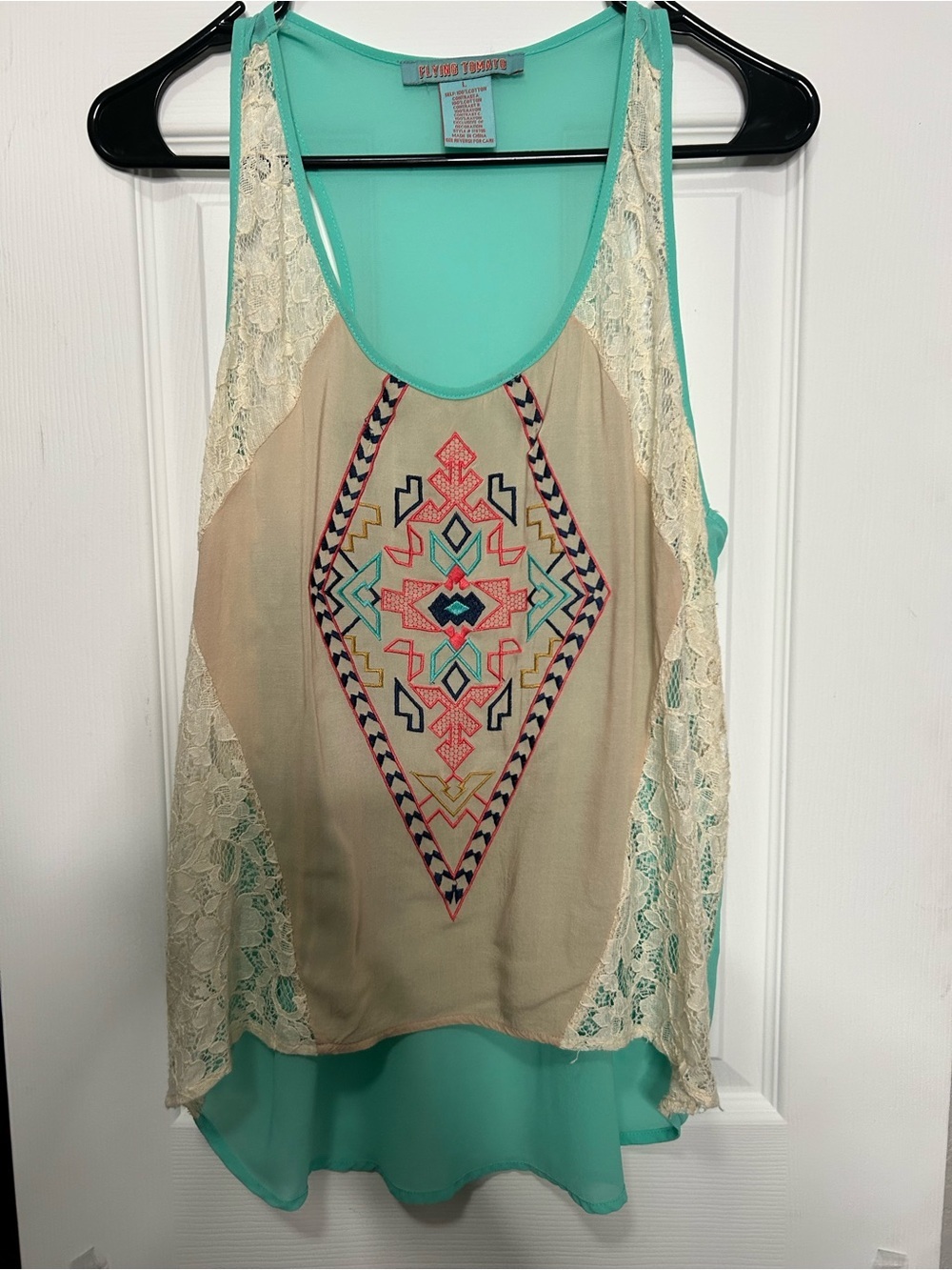 Flying Tomato Boho Embroidered Lace High Low Tank Top Size Large - Picture 2 of 7